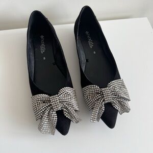 Black Pointed Toe Flats with Rhinestone Bow